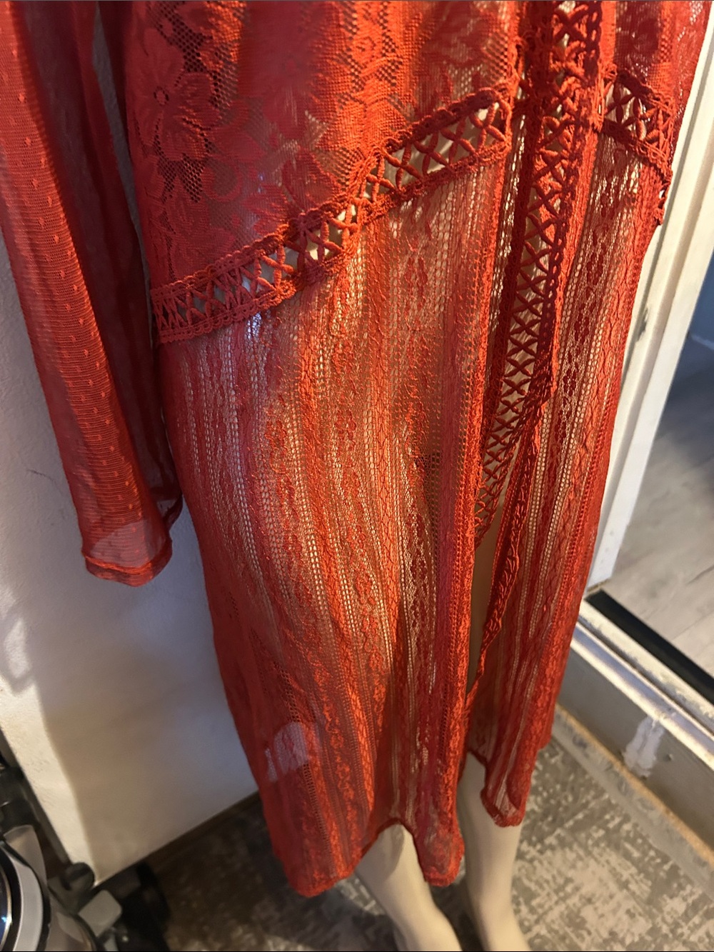 Sheer Lace Long Robe in Rust Red - Picture 4 of 6